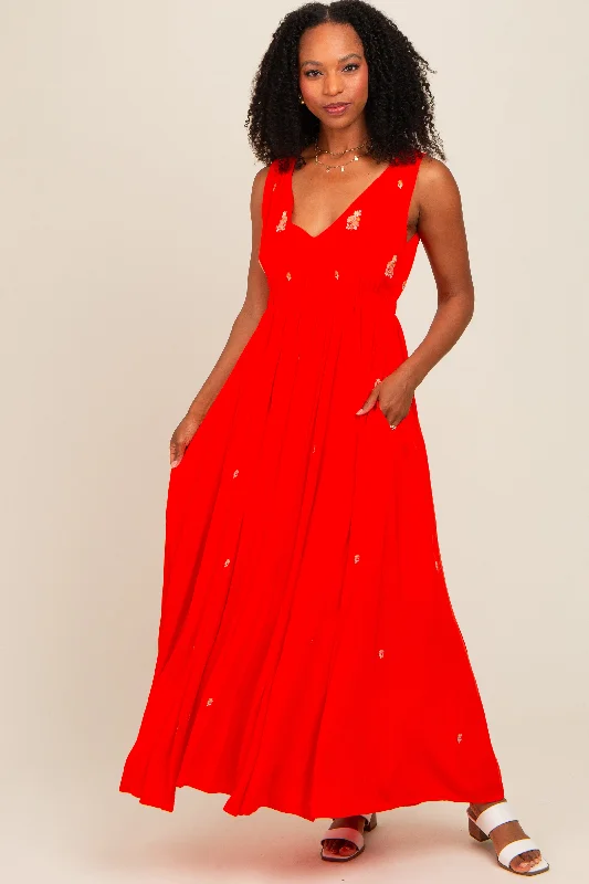 ladies-maxi-dress-short-sleeve-breeze-Coral Floral Embroidered Sleeveless Maxi Dress