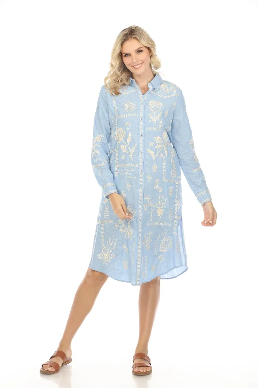 Women's midi dress town glow -Johnny Was Workshop Blue Embroidered Midi Shirt Dress Boho Chic W29424