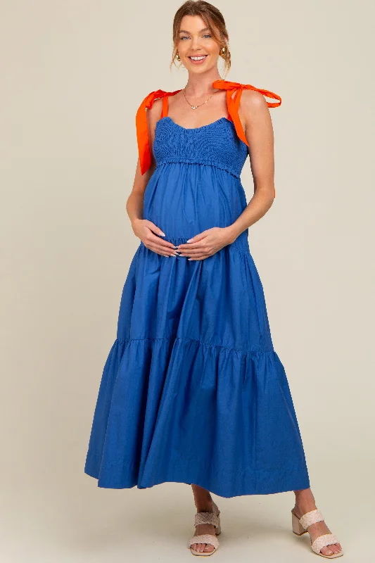 ladies-maxi-dress-knit-kiss-Royal Blue Contrast Shoulder Straps Maternity Maxi Dress