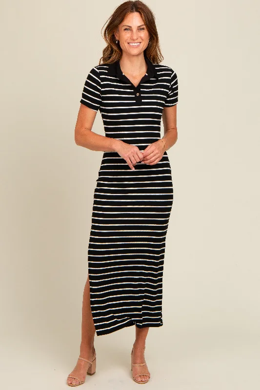 ladies-maxi-dress-beige-bliss-Black Striped Collared Side Slit Maxi Dress