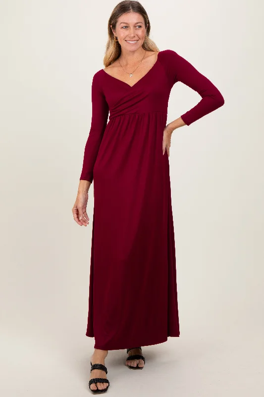 ladies-maxi-dress-one-shoulder-silk-Burgundy Wrap Front Empire Waist Maxi Dress