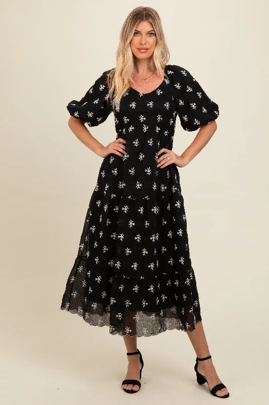 Women's midi dress calm pop -Black Floral Puff Sleeve Midi Dress