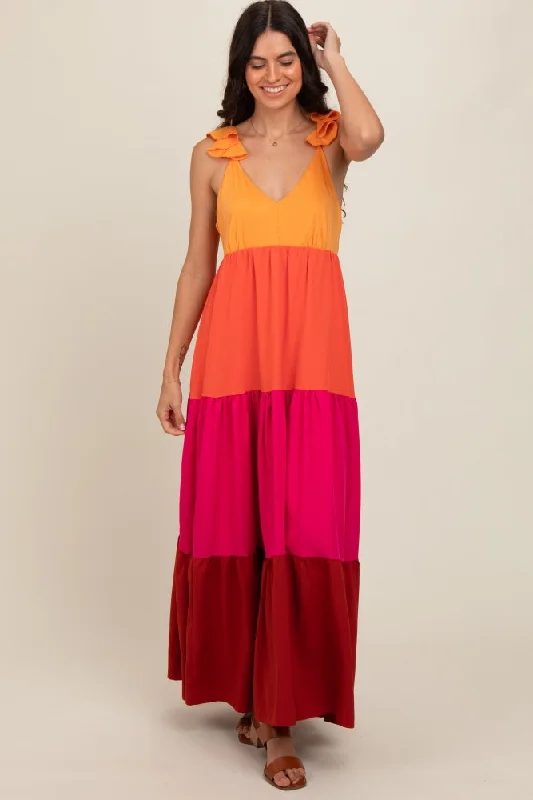 ladies-maxi-dress-eco-essence-Orange Colorblock Tiered Ruffle Strap Maxi Dress