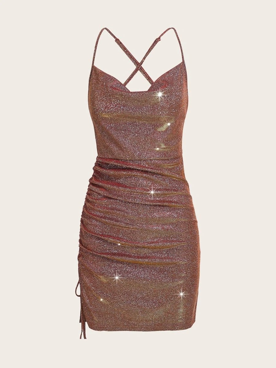 ladies-bodycon-dress-street-sizzle-Crisscross Backless Ruched Glitter Bodycon Dress