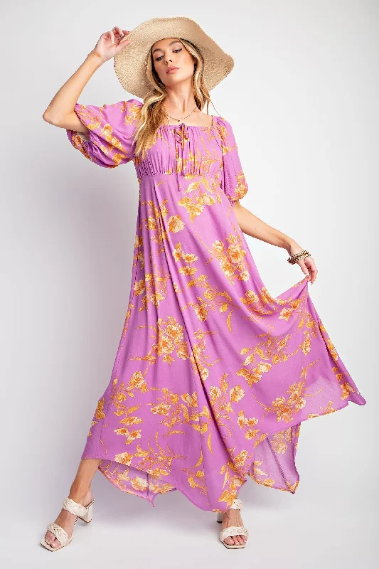 ladies-maxi-dress-color-charm-Lavender Floral Puff Sleeve Maxi Dress