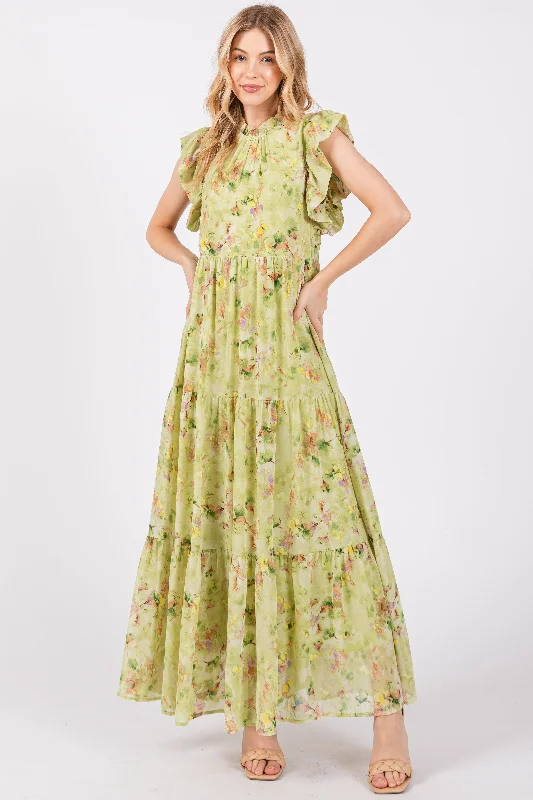 ladies-maxi-dress-mint-mirth-Lime Floral Chiffon Ruffle Shoulder Tiered Maxi Dress