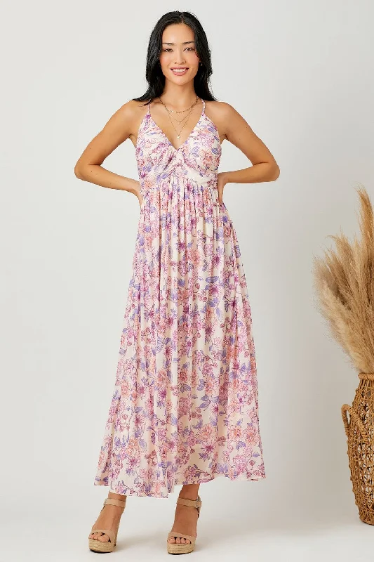 ladies-maxi-dress-white-wisp-Pink Floral Mesh Sleeveless Maxi Dress