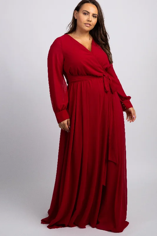 ladies-maxi-dress-celeb-chic-Burgundy Chiffon Long Sleeve Pleated Plus Maxi Dress