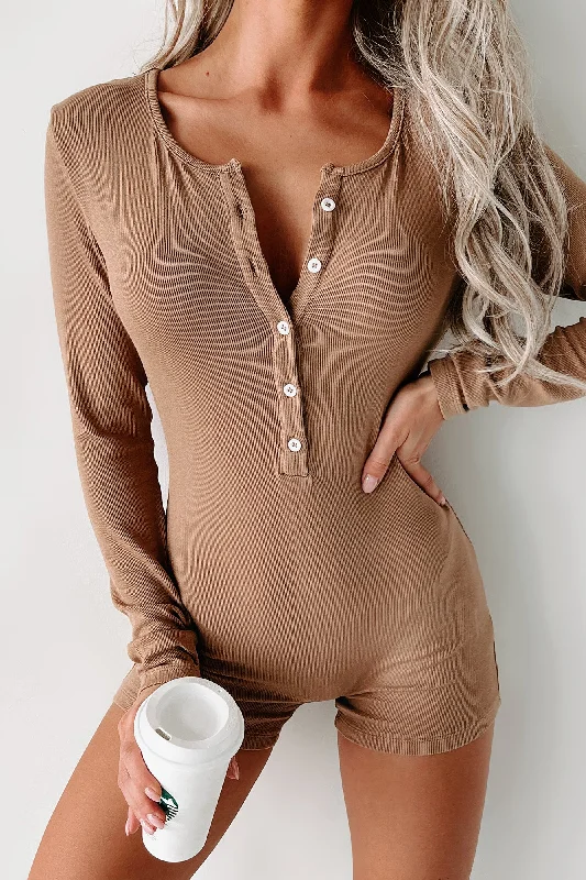 ladies-bodycon-dress-slate-sizzle-Rest Assured Long Sleeve Bodycon Romper (Mocha)