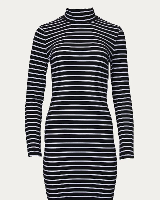 ladies-mini-dress-party-prance-Open-Back Turtleneck Mini Dress in Black Stripe | Black Stripe