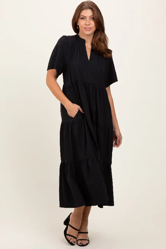 Women's midi dress rim flair -Black V-Neck Tiered Midi Dress