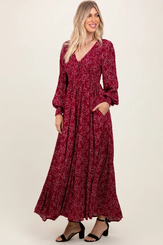 ladies-maxi-dress-backless-bloom-Burgundy Floral Smocked Button Detail Maxi Dress