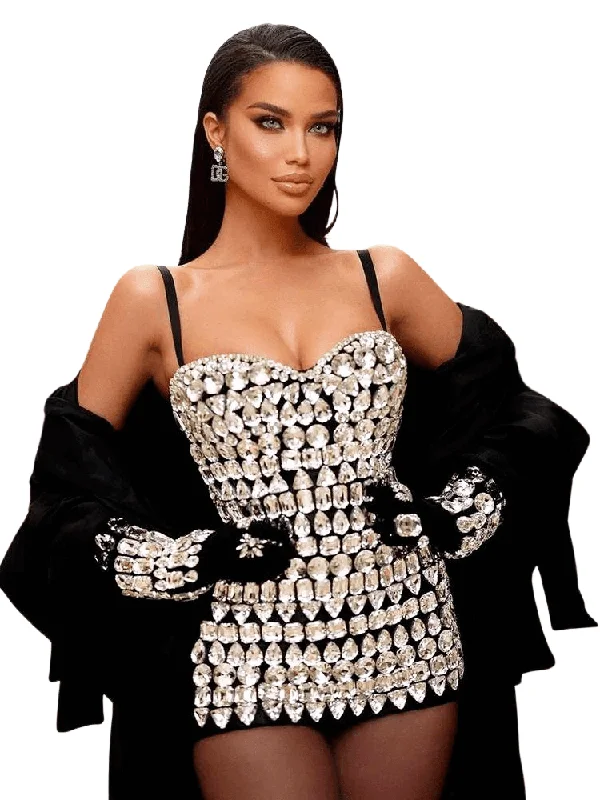 ladies-bodycon-dress-slit-sizzle-Women's Luxury Diamond Bodycon Bandage Mini Dress With Gloves