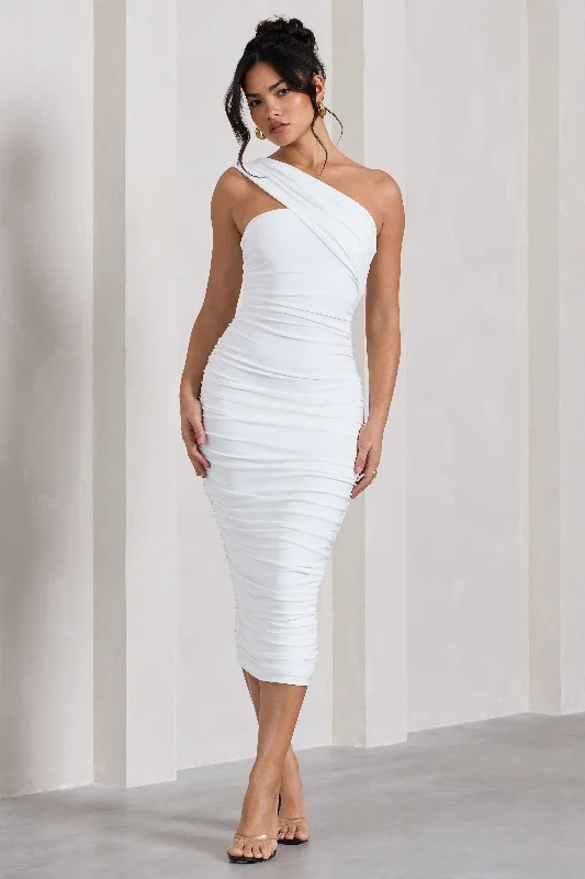 ladies-bodycon-dress-taupe-twist-Contour | White One Shoulder Bodycon Midi Dress