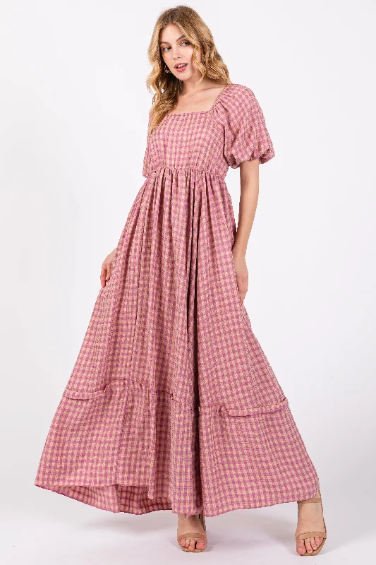 ladies-maxi-dress-matte-mirth-Pink Plaid Puff Sleeve Maxi Dress