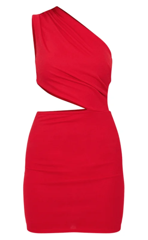 ladies-bodycon-dress-pleated-play-PrettyLittleThing Womens Red One Shoulder Cut Out Bodycon Red Dress