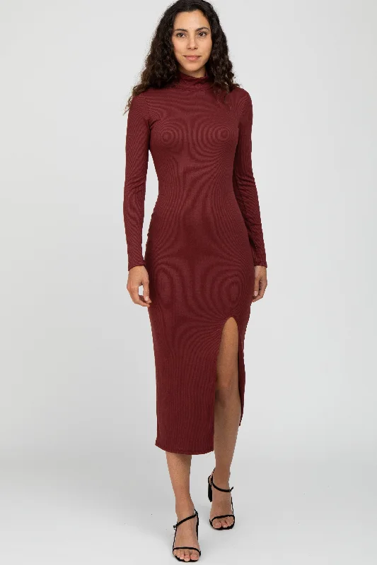 ladies-maxi-dress-green-gleam-Burgundy Ribbed Mock Neck Side Slit Maxi Dress