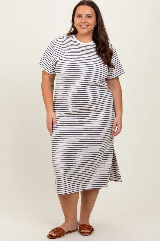 Women's midi dress loud chic -Navy Striped Short Sleeve Plus T-Shirt Midi Dress