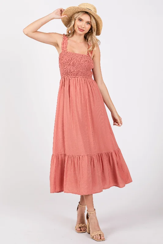 ladies-maxi-dress-cinnamon-calm-Rust Smocked Bodice Maxi Dress