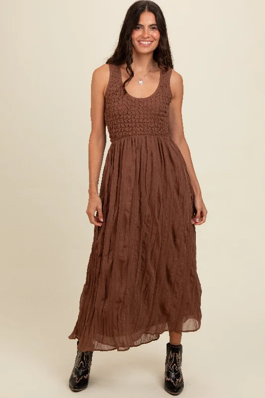 ladies-maxi-dress-party-petal-Mocha Textured Smocked Bodice Sleeveless Maxi Dress