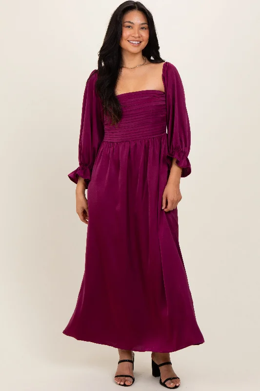 ladies-maxi-dress-structured-silk-Burgundy Off Shoulder Satin Pleated Bodice Maxi Dress