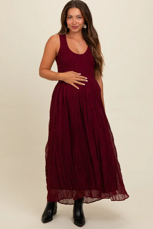 ladies-maxi-dress-flared-fable-Burgundy Textured Smocked Bodice Sleeveless Maternity Maxi Dress