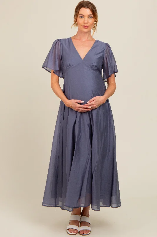 ladies-maxi-dress-mesh-muse-Blue V-Neck Flutter Sleeve Maternity Maxi Dress