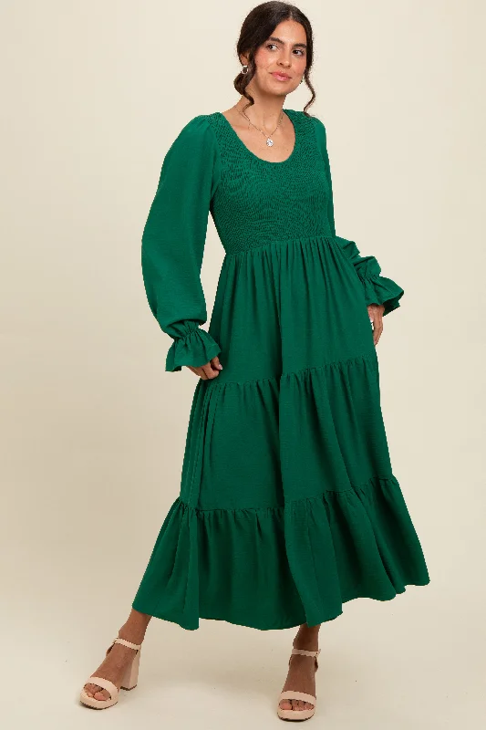 ladies-maxi-dress-autumn-amber-Green Smocked Tiered Long Sleeve Maxi Dress