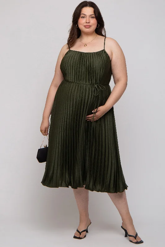 ladies-maxi-dress-slit-sunset-Forest Green Pleated Sleeveless Waist Tie Maternity Plus Maxi Dress