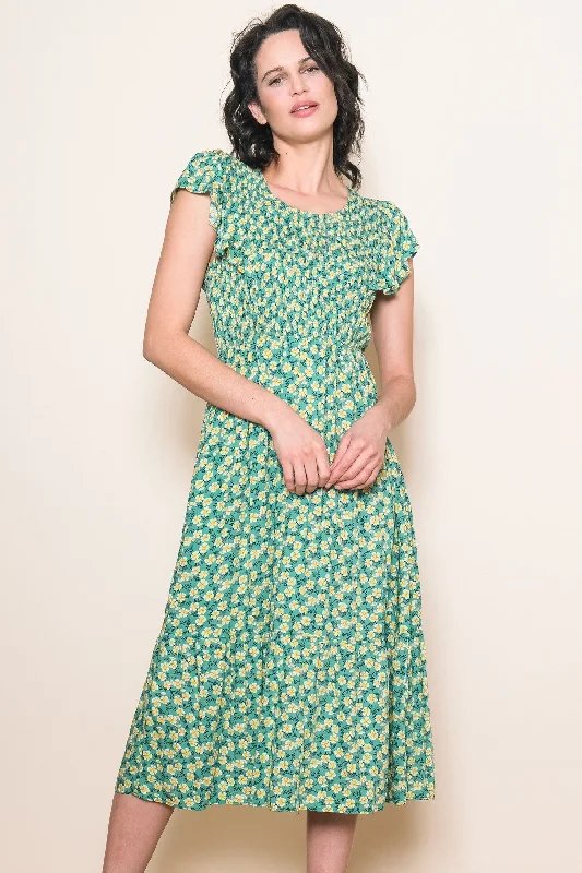 Women's midi dress arc pop -Green Floral Smocked Midi Dress