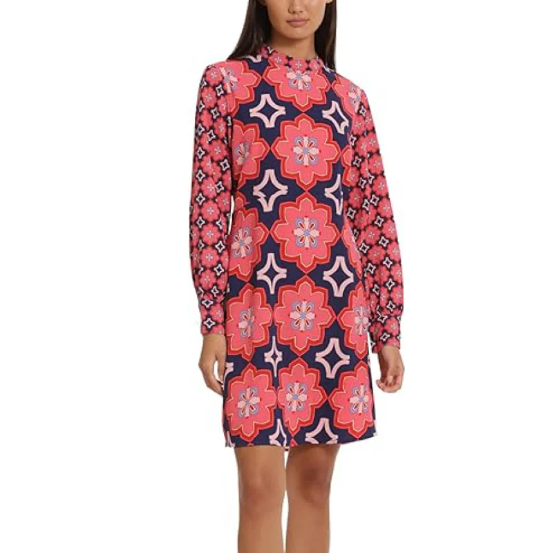 ladies-mini-dress-travel-tide-DONNA MORGAN Women's Mock Neck Long Sleeve Floral Print Shift Mini Dress