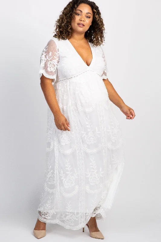 ladies-maxi-dress-feminine-fable-PinkBlush White Lace Mesh Overlay Plus Maternity Maxi Dress