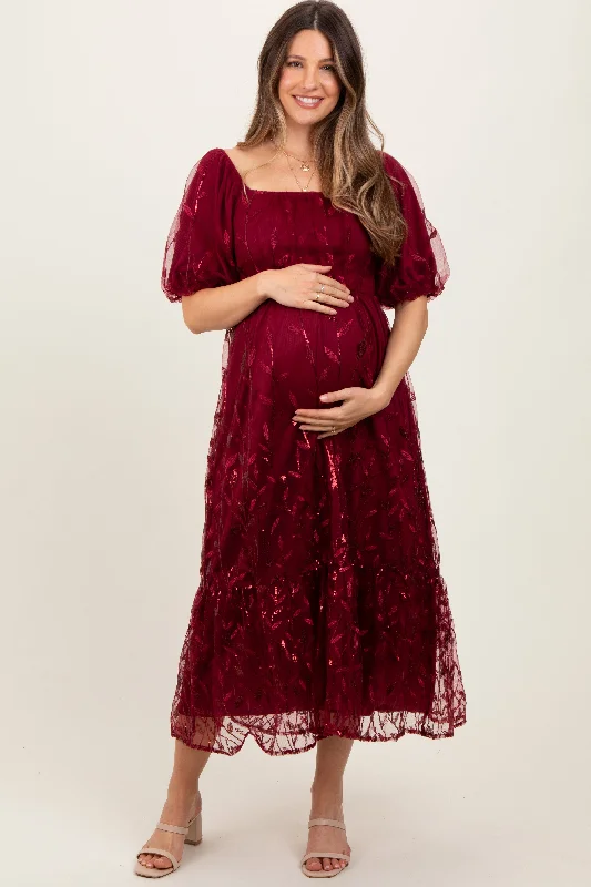 ladies-maxi-dress-off-shoulder-orchid-Burgundy Embroidered Sequin Detail Mesh Overlay Maternity Maxi Dress