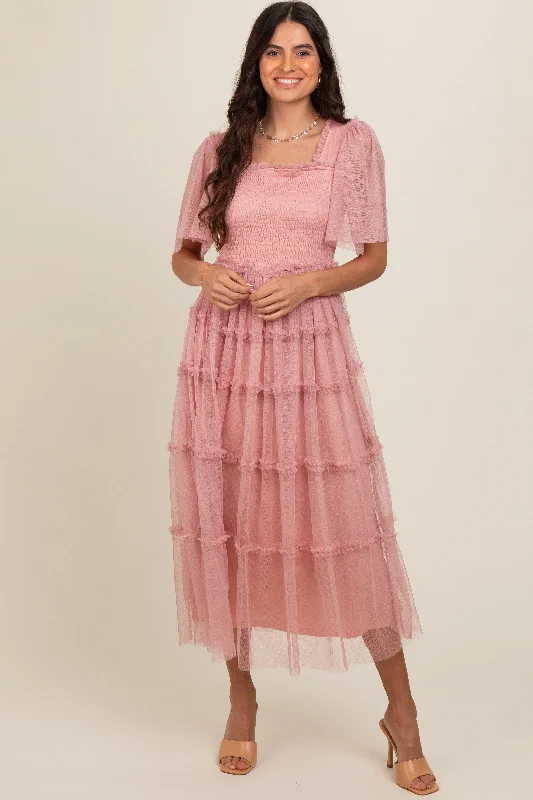 ladies-maxi-dress-fresh-fable-Pink Ruffled Mesh Maxi Dress